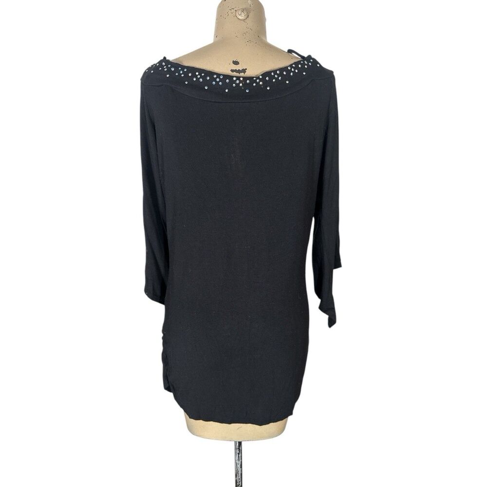 Women’s Black Sequined Bedazzled-cross Fluer De Stretch Jersey Tunic Blouse Sz M - Picture 3 of 4